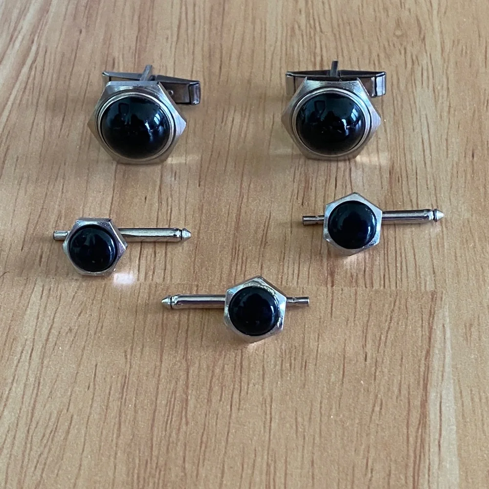 Silvertone Black Cufflinks and Shirt Stud Set